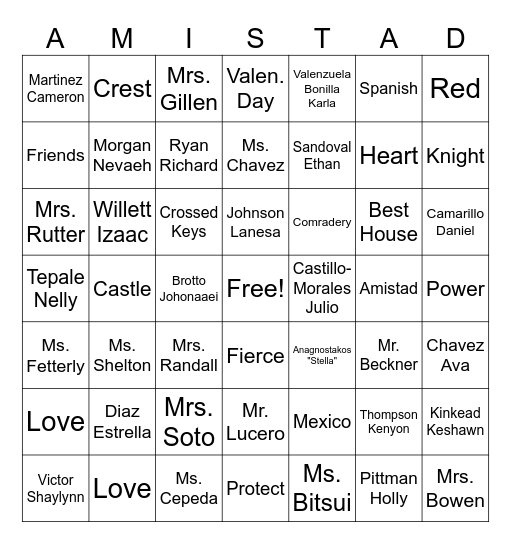 Amistad Bingo Card