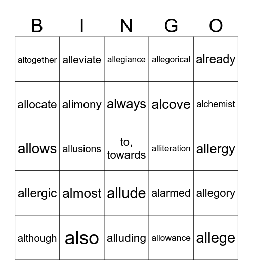 al- is a prefix with one L Bingo Card