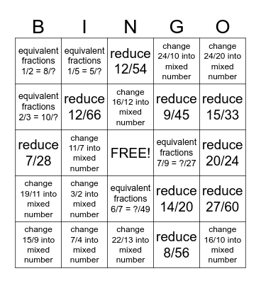 fractions #1 Bingo Card