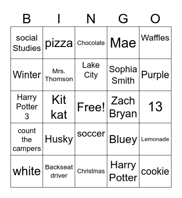 Amelia's birthday Bingo Card