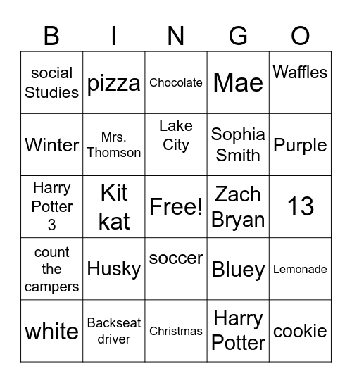 Amelia's birthday Bingo Card