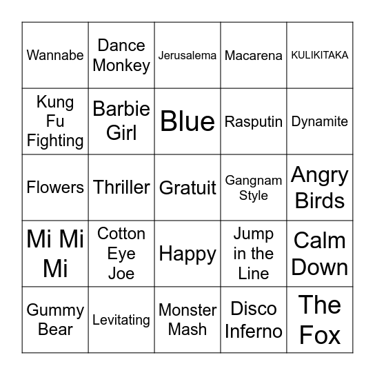 Just Dance Bingo Card