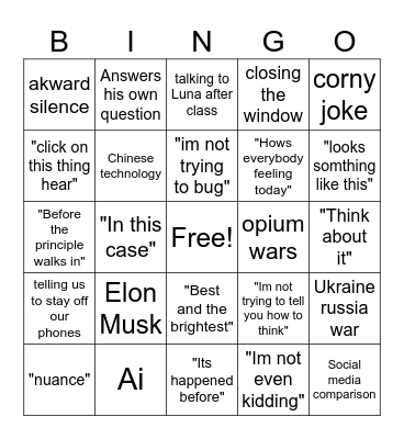 Mr Batchelor Bingo Card