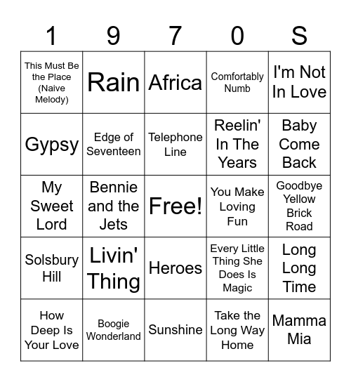 70's HITS Bingo Card
