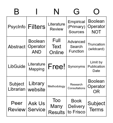 Library Research Bingo Card