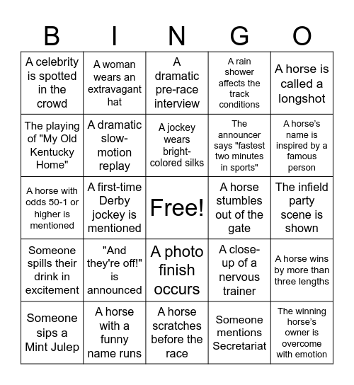 Kentucky Derby Bingo Card
