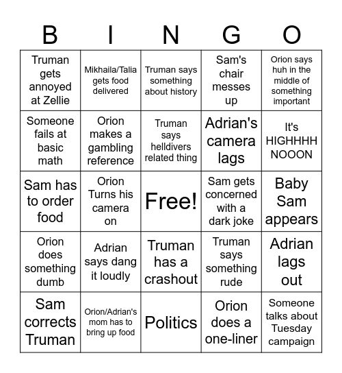 Friday Bingo Card