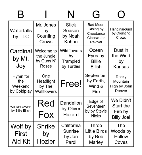 Nature Music Bingo Card