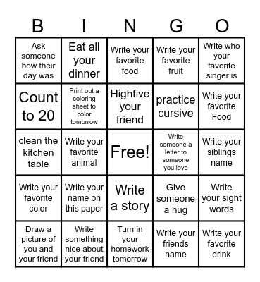 Homework  Bingo (get your parents to help) Bingo Card