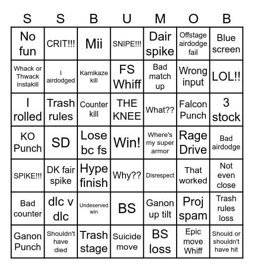 Smash Ultimate Mega Online Bingo Card