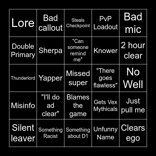 VOG Bingo Card