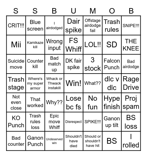 Smash Ultimate Mega Online Bingo Card