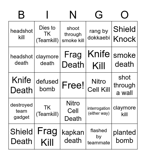 Rainbow Six Siege X Bingo Card