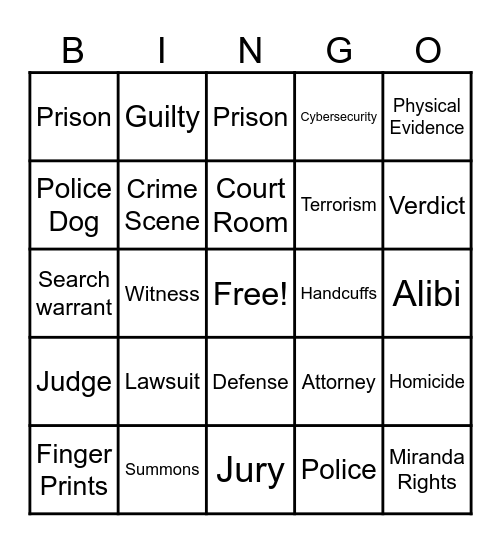 Criminal Justice Bingo Card