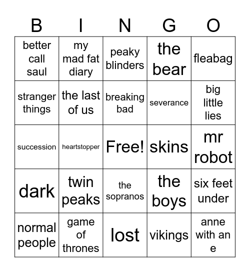 my favs tv show edition Bingo Card