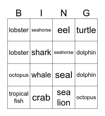 Sea animals lottery Bingo Card