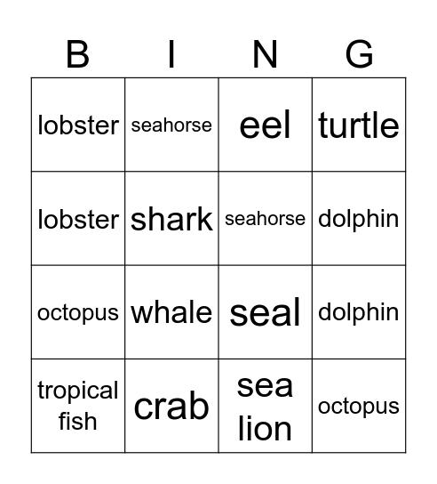 Sea animals lottery Bingo Card