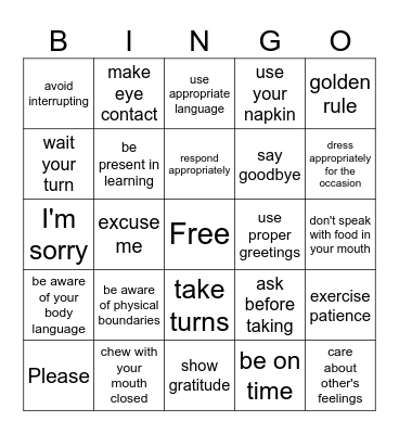 Social Graces Bingo Card