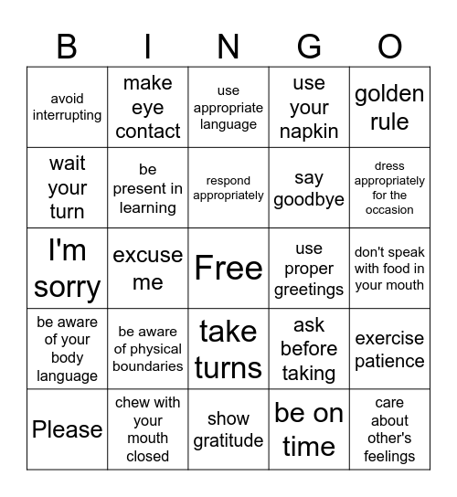 Social Graces Bingo Card