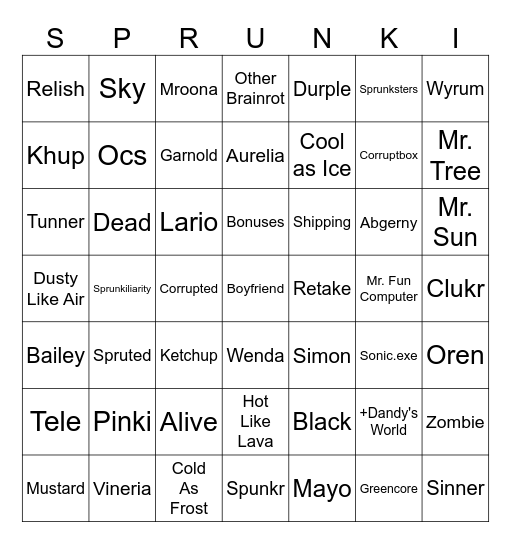 Sprunki bingo Card