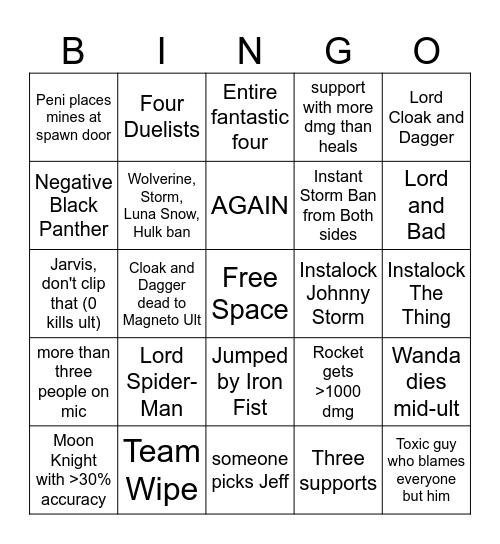 Console GM Marvel Rivals Bingo Card