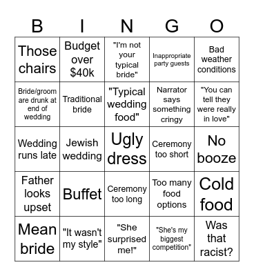Four Weddings Bingo Card