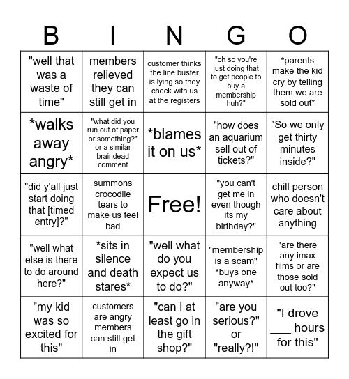 Sold Out Customer Bingo Card