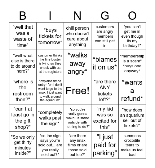 Sold Out Customer Bingo Card