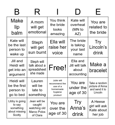 Bachelorette Bingo Card