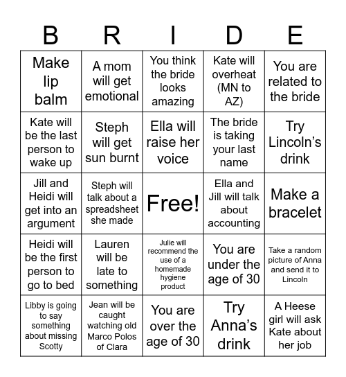 Bachelorette Bingo Card