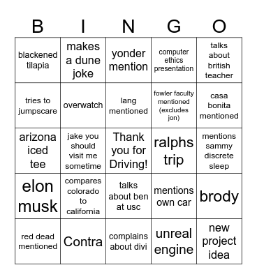 The trip Bingo Card