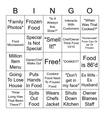 Kitchen Nightmares Bingo Card