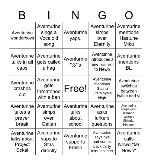 Aventurine Bingo Card