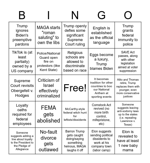 Trump's 2nd Term Bingo Card