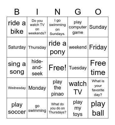 Superminds Level 1 Unit 5 Free Time Bingo Card
