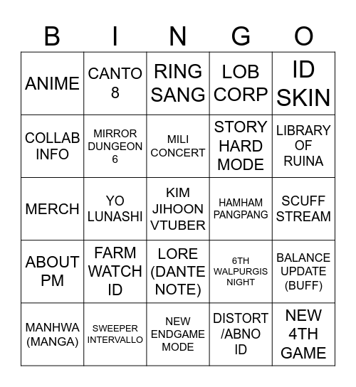 LIMBUS 2ND ANNI (PM 9TH ANNI) Bingo Card