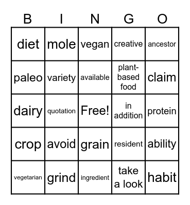 Unit 1 Vocabulary Bingo Card
