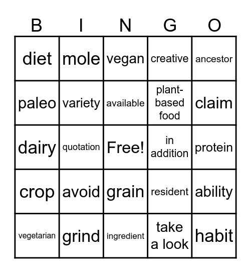 Unit 1 Vocabulary Bingo Card