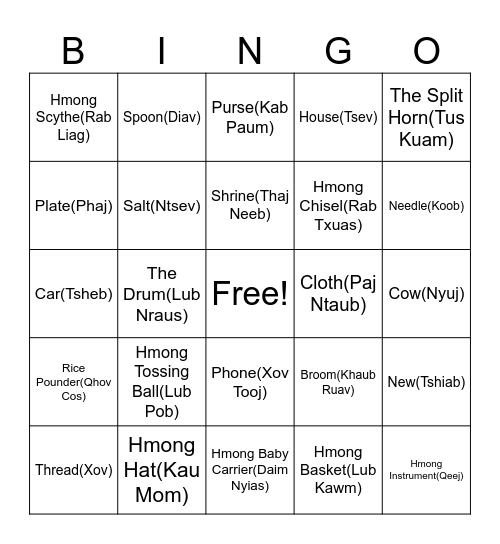 Let's Learn Hmong Bingo Card