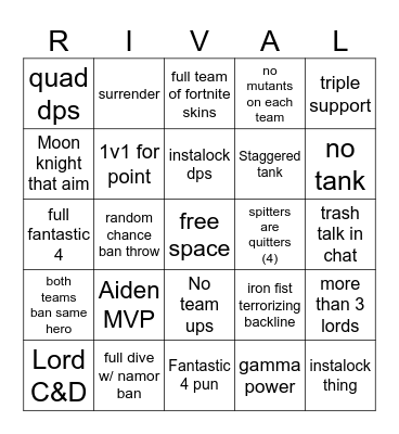 rivals Bingo Card