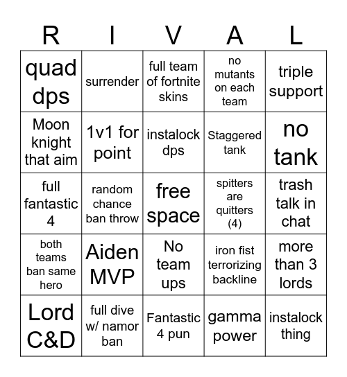 rivals Bingo Card
