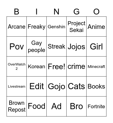 queera tik tok Bingo Card