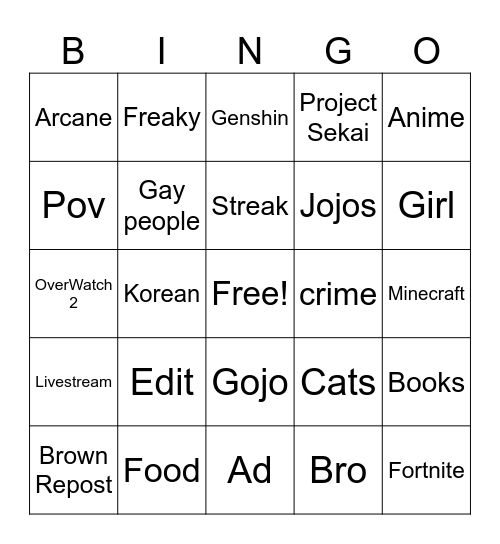 queera tik tok Bingo Card
