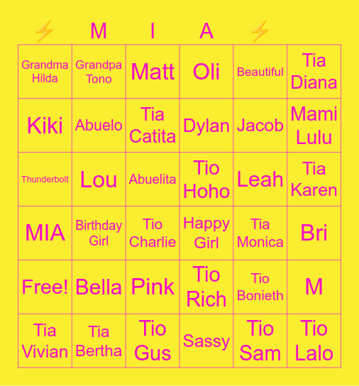 Mia’s 12th Birthday Bingo Card