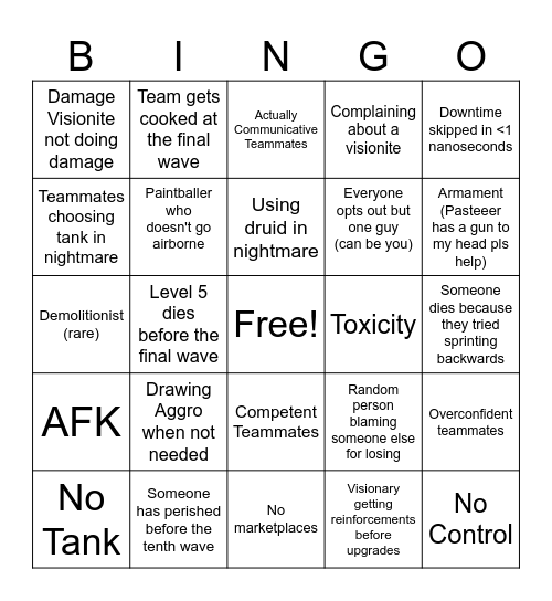 VS Public Server Bingo Card
