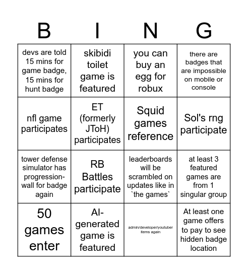 Roblox: The Hunt 2 RBBM bingo Card