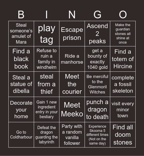 Skyrim BIngo Card