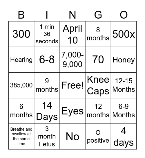 Baby Trivia Bingo Card