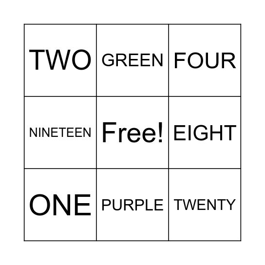 Colors and Numbers Bingo Card