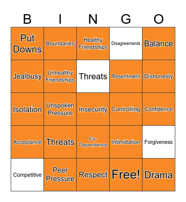 Healthy/Unhealthy Relationships Bingo Card